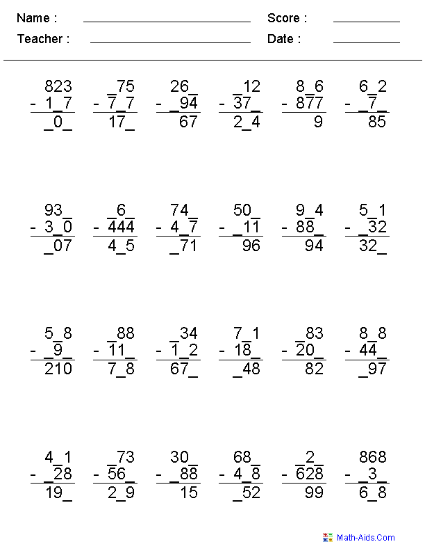 Missing Digits Subtraction Worksheets