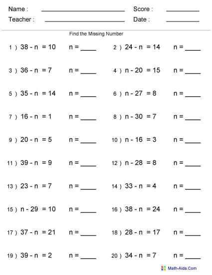 Printable Subtraction missing Worksheets mean  Subtraction Worksheets find number worksheet School  the for