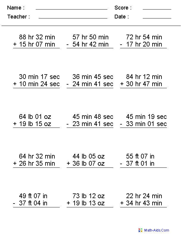 Adding & Subtracting Irregular Units Mixed Problems Worksheets