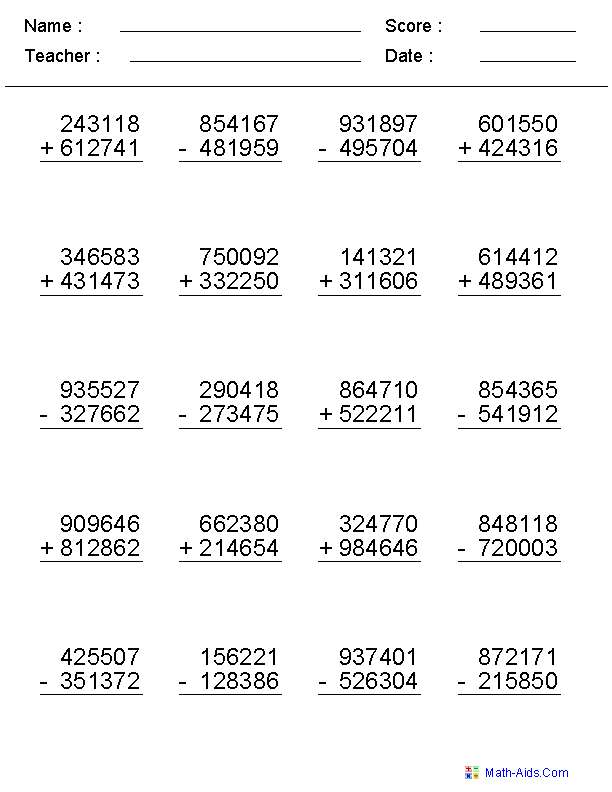 4, 5, or 6 Digits Mixed Problems Worksheets