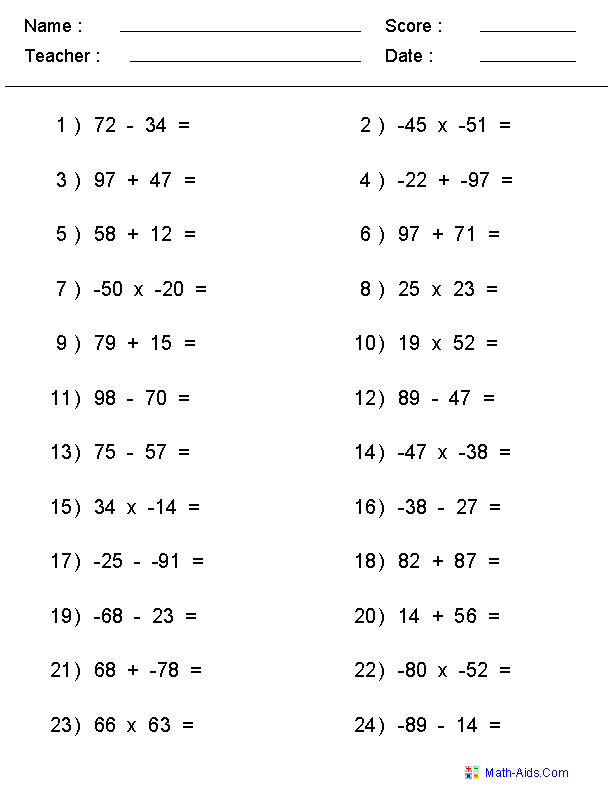 Mixed Problems Negative Numbers Mixed Problems Worksheets