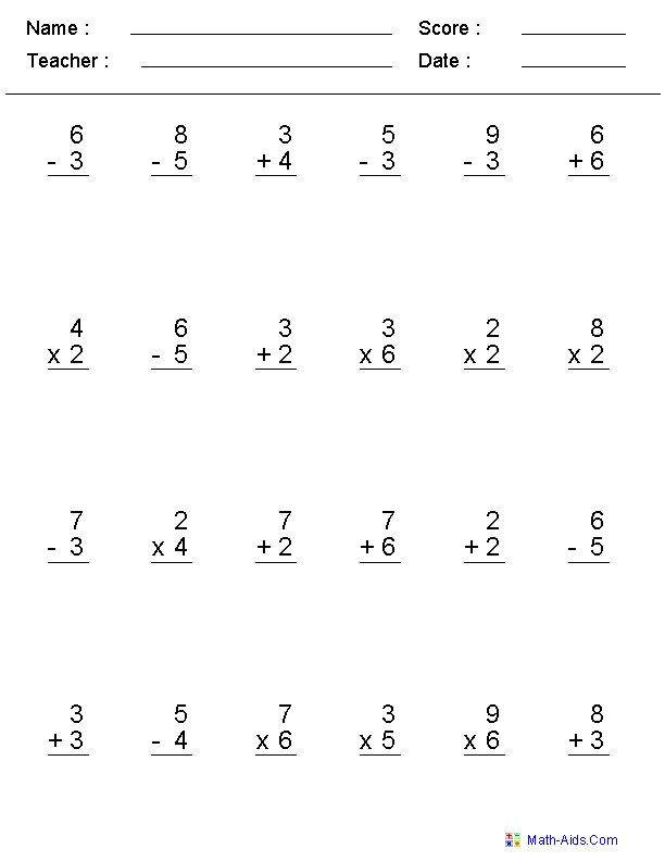 Single Digit Mixed Operator Mixed Problems Worksheets