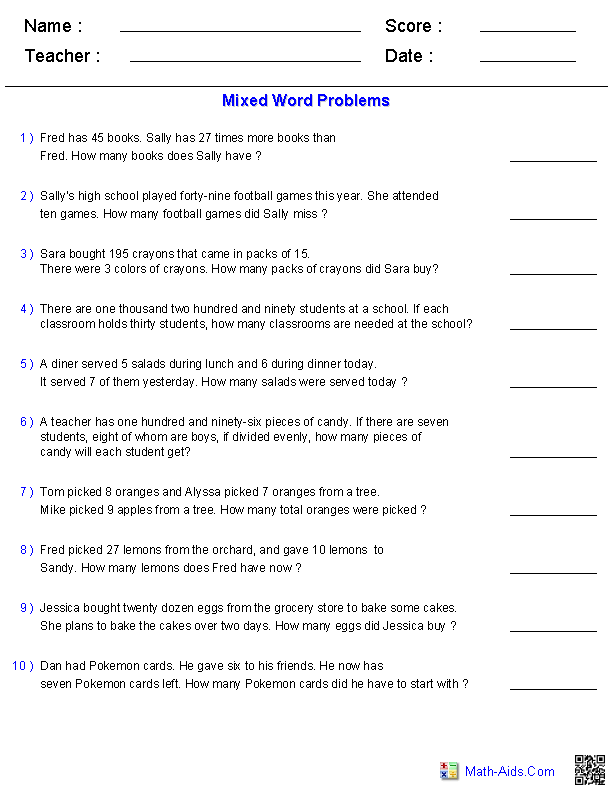 Mixed Operations 1 or 2 Digits Word Problems Worksheets