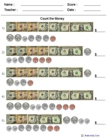 Counting US Bills and Coins Worksheets