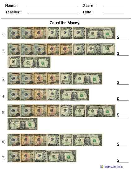 Counting US Bills Worksheets