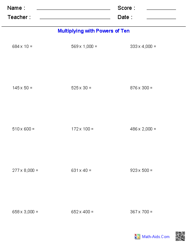 Multiplying with Pwrs of Ten Multiplication Worksheets