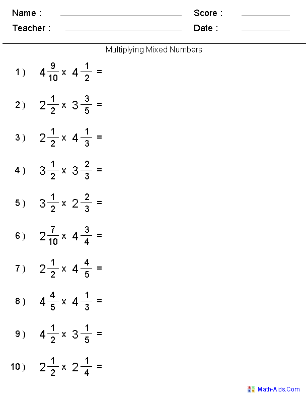 Multiplying Fractions With Mixed Numbers Practice Worksheet