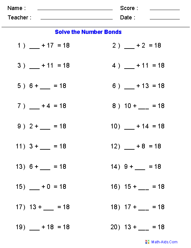 worksheets  Bonds Worksheets Number missing Worksheets  Bonds  Number word number Printable problems