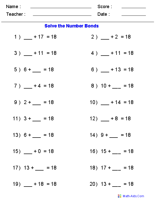 Horizontal Format Number Bonds Worksheets