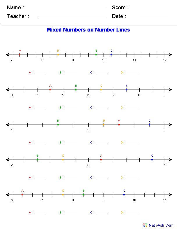 Mixed Numbers Number Line Worksheet