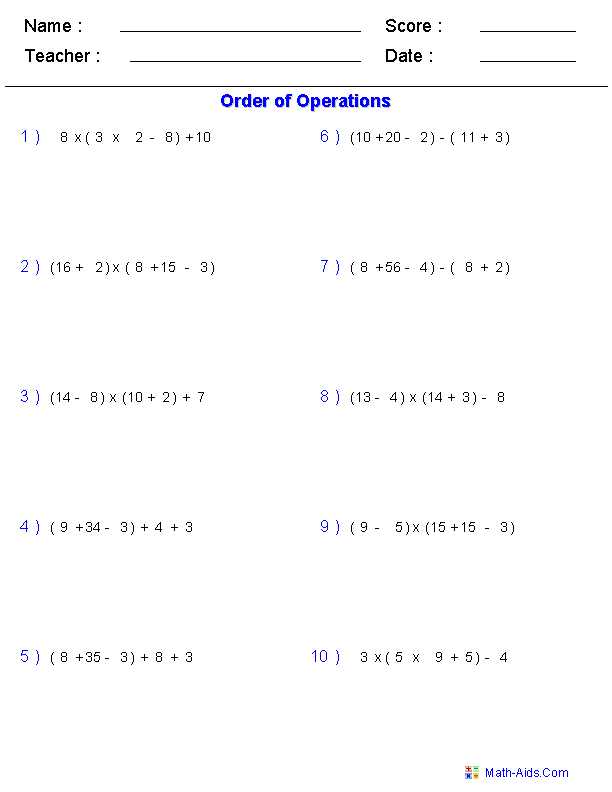 Order of operations homework worksheets