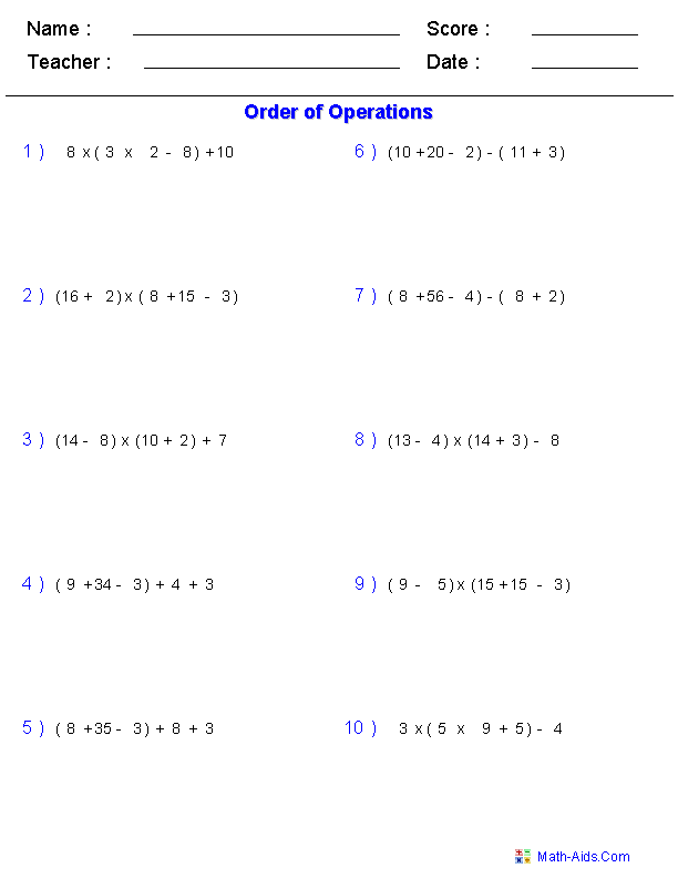 bodmas Operations   worksheets How the  Evaluate According algebra of to to Order in Expressions