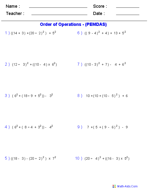 Order of Operations Algebra 1 Worksheets