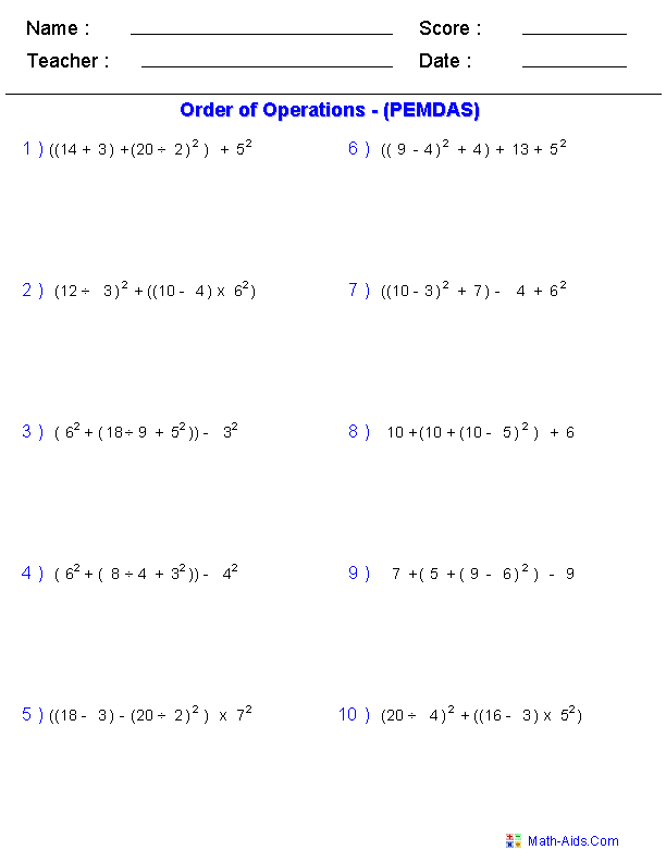 Order of Operations Basics Worksheets