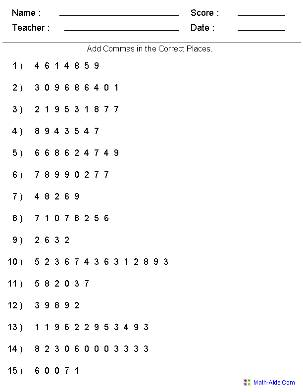 Adding Commas Place Value Worksheets