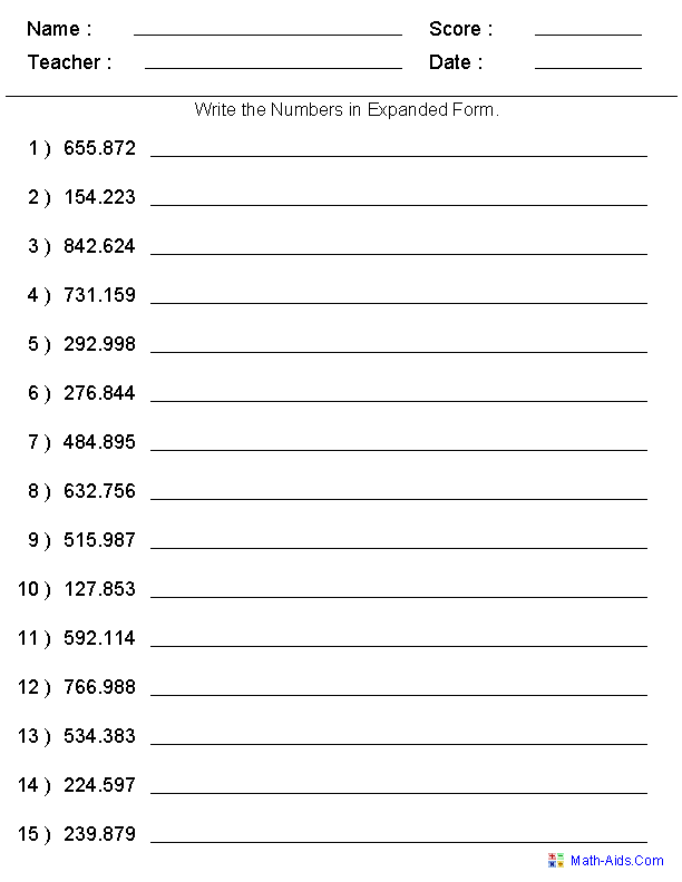 Expanded Form Decimals Place Value Worksheets