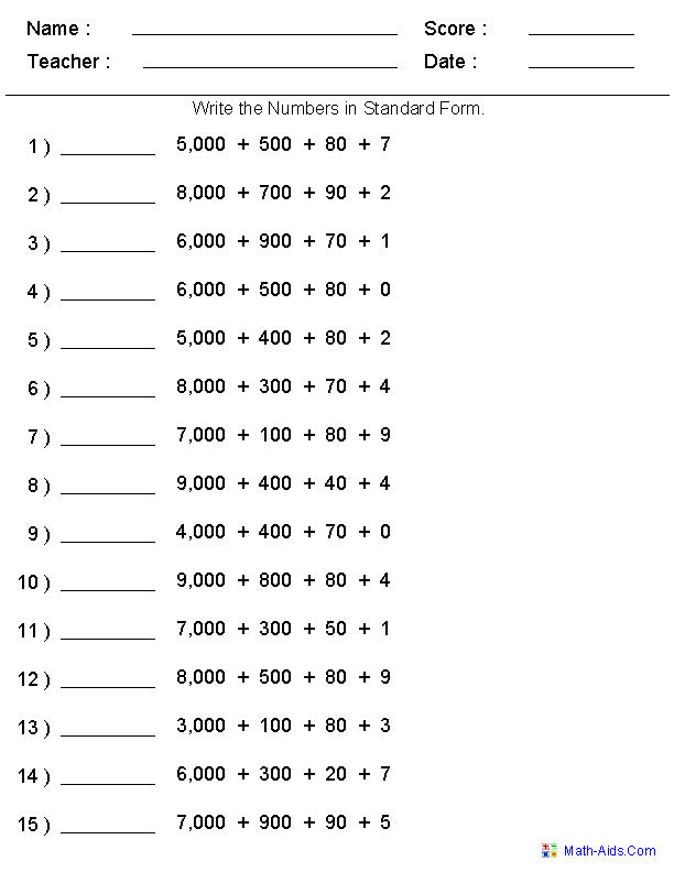 Standard Form Integers Place Value Worksheets