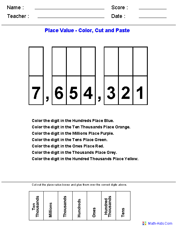 Kindergarten Cut & Paste Place Value Worksheets