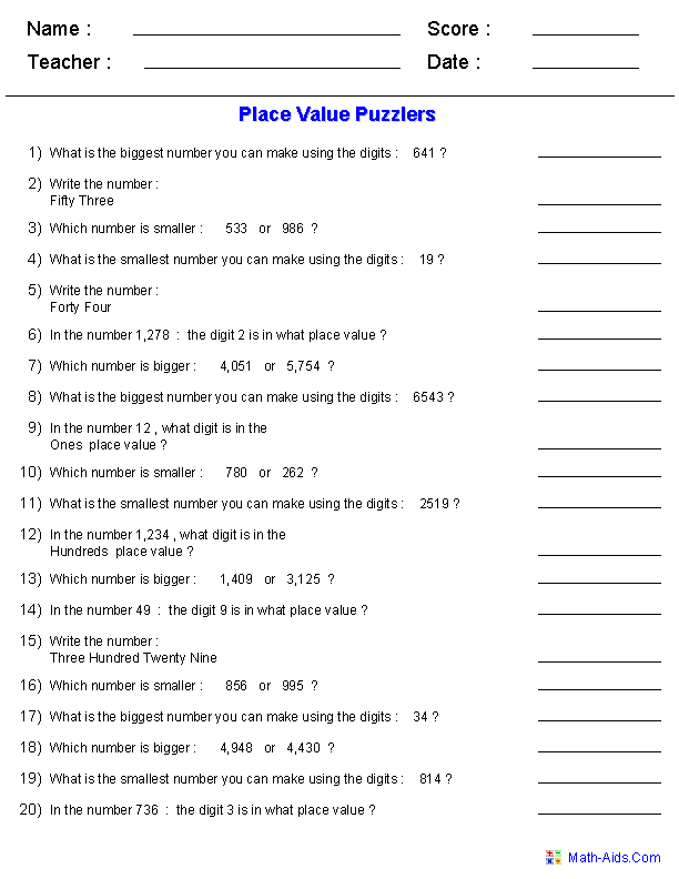 place value  math worksheets