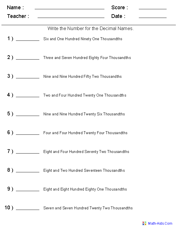 Write Decimals For the Word Names Place Value Worksheets