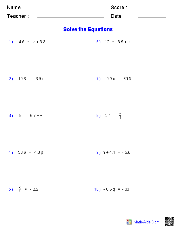 One Step Decimal Equations Worksheets