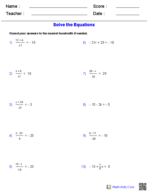 answers equations Equations with  worksheet  Worksheets  Worksheets 1 Algebra algebra