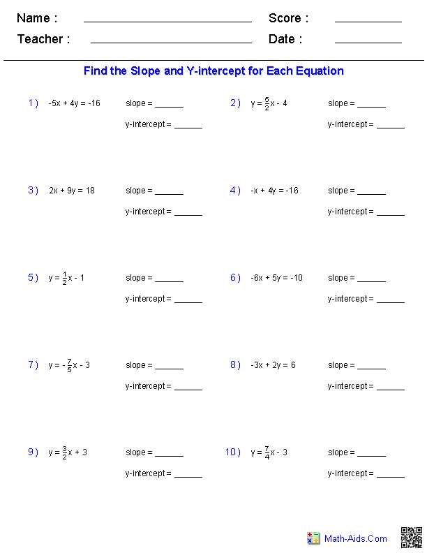 Find Properties from a Linear Equation Linear Equations Worksheets