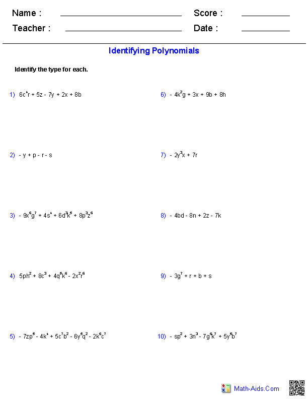 Pre-Algebra Worksheets | Monomials and Polynomials Worksheets