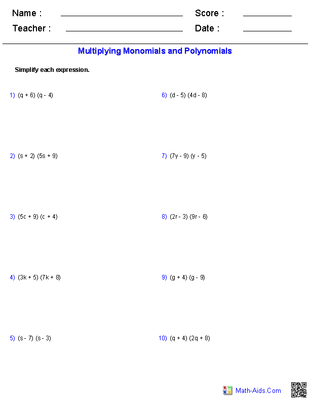 Pre-Algebra Worksheets | Monomials and Polynomials Worksheets