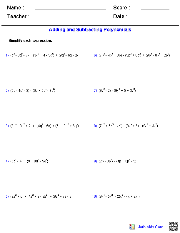 Adding & Subtracting Polynomials Polynomials Worksheets