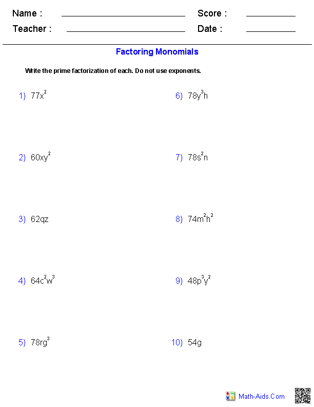 PreAlgebra Worksheets  Monomials and Polynomials Worksheets