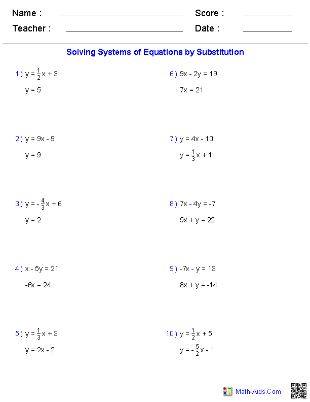 Solving Systems with Algebra Systems of Equations Worksheets