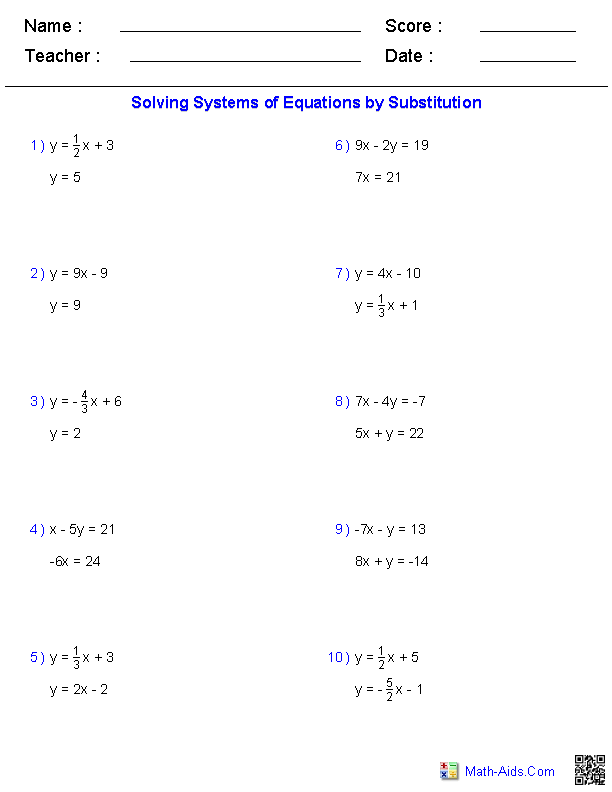 substitution method worksheets with answers