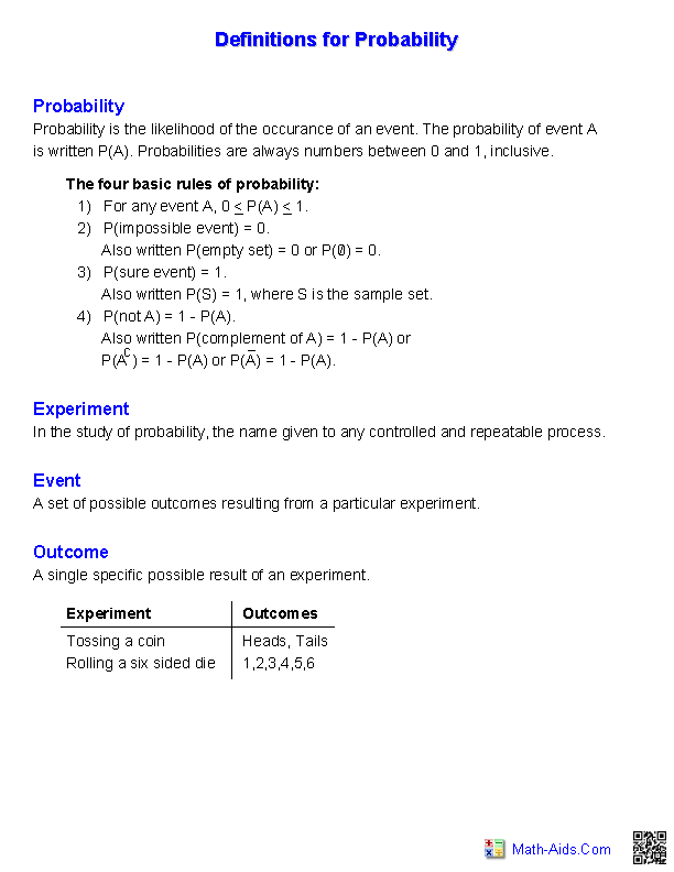 Definitions of Probability Probability Worksheets