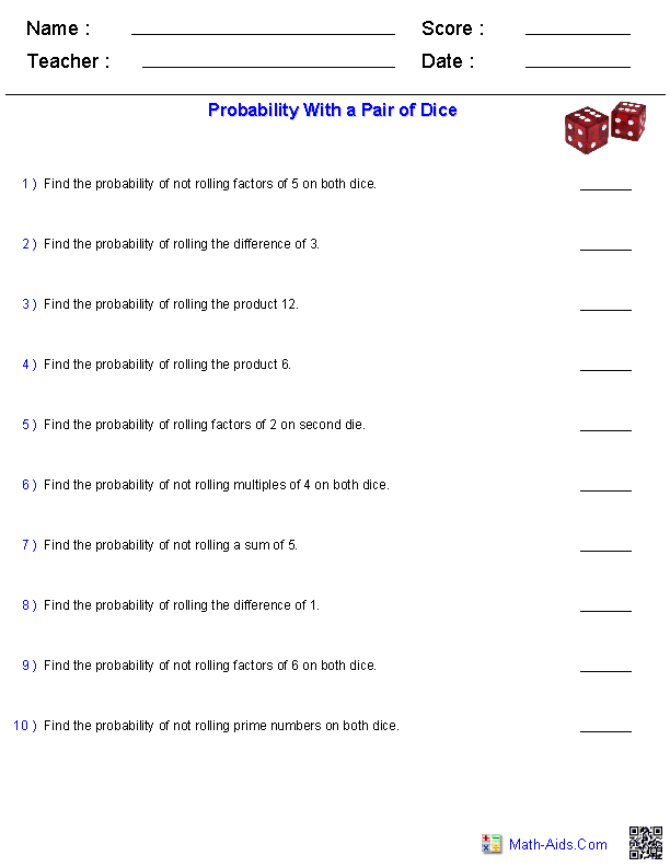 Probability Worksheets | Dynamically Created Probability Worksheets