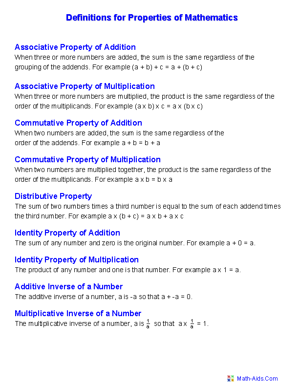 Definitions of Math Properties Page 1 Properties Worksheets