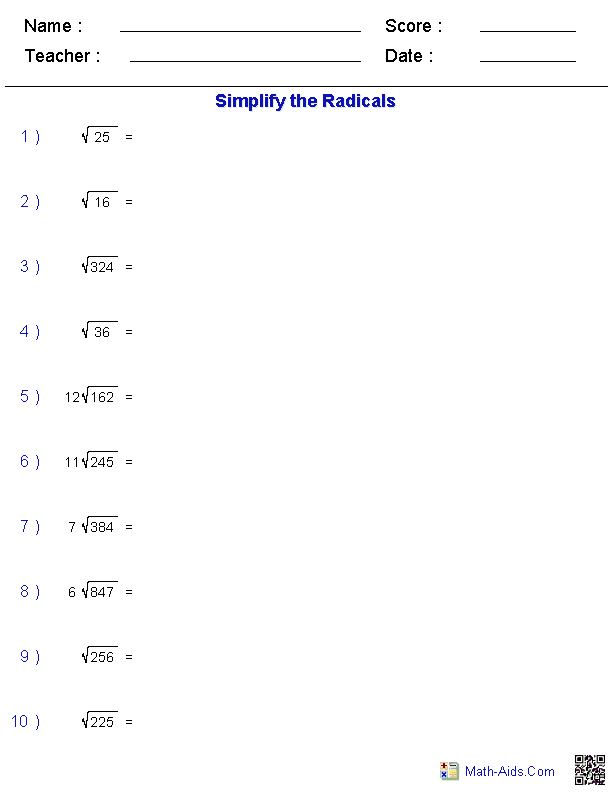 Simplifying Radicals Exponents & Radicals Worksheets