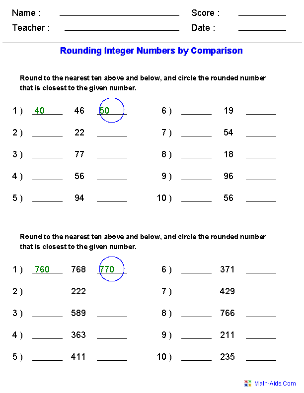 Rounding by Comparison Rounding Worksheets