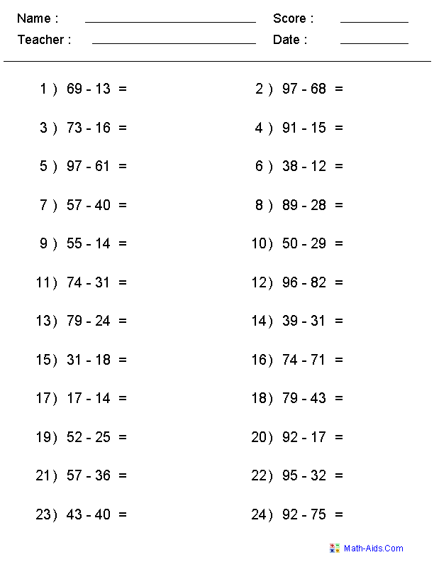 Single or Multi Digit Subtraction Worksheets