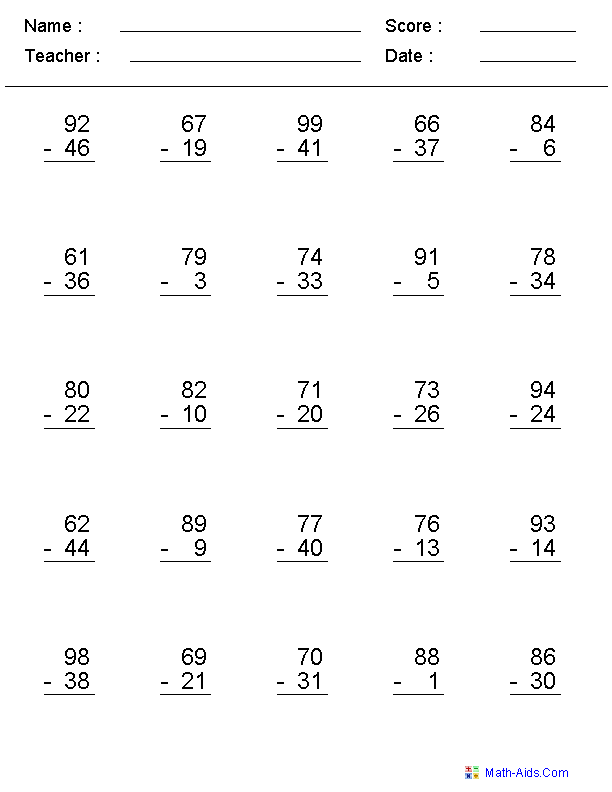 Zero to 99 Subtraction Subtraction Worksheets