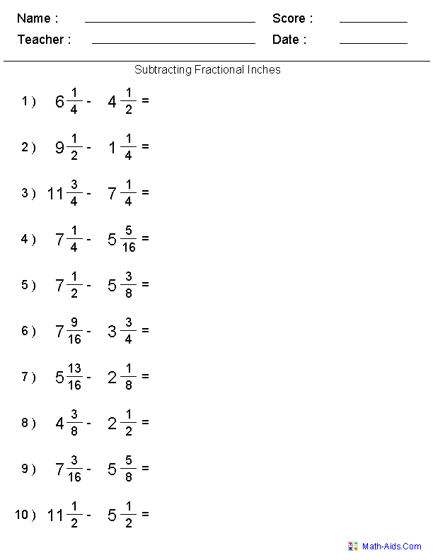 Subtracting Fractional Inches Worksheets