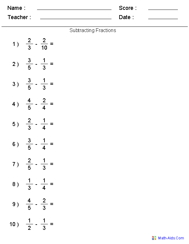 Subtracting Fractions Worksheets