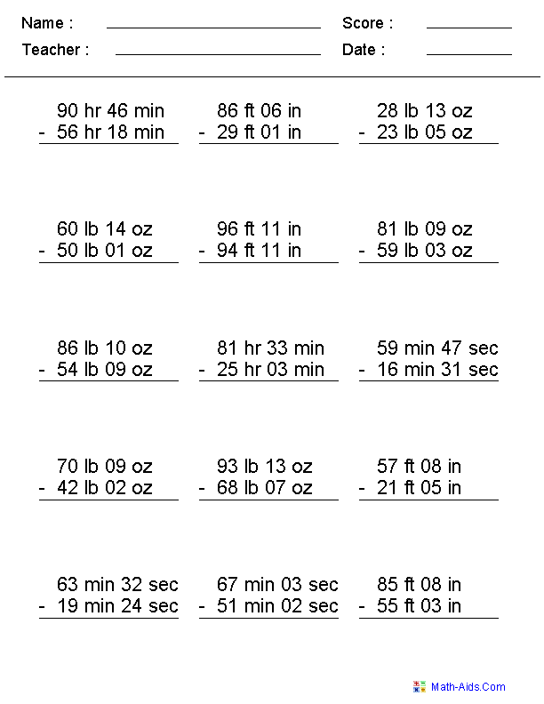 Irregular Units Subtraction Worksheets