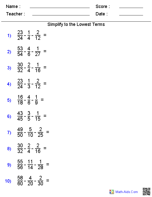 Subtr. Three Fractions Worksheets