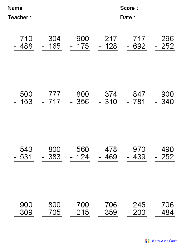 Subtraction Across Zero Subtraction Worksheets