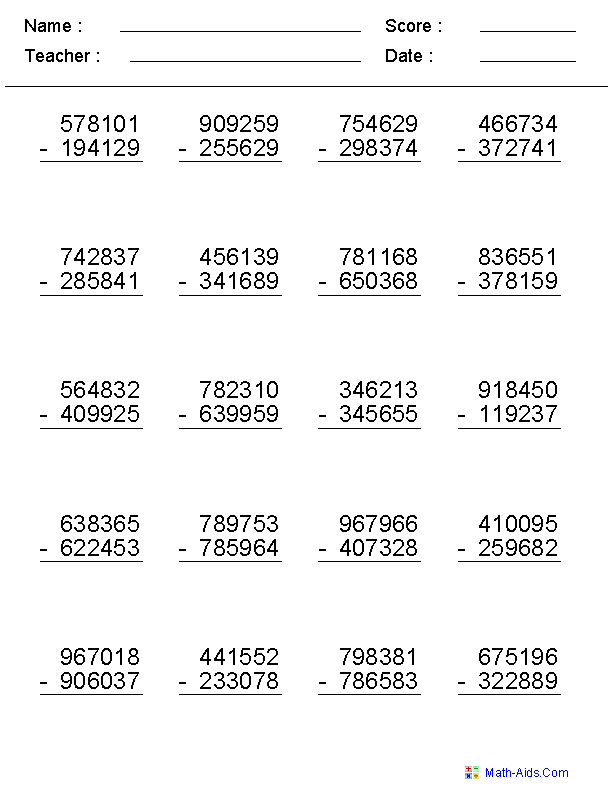 4, 5, or 6 Digit Subtraction Subtraction Worksheets