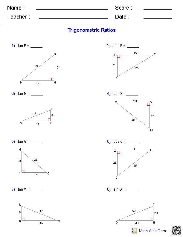 Trigonometric Ratios Trigonometry Worksheets