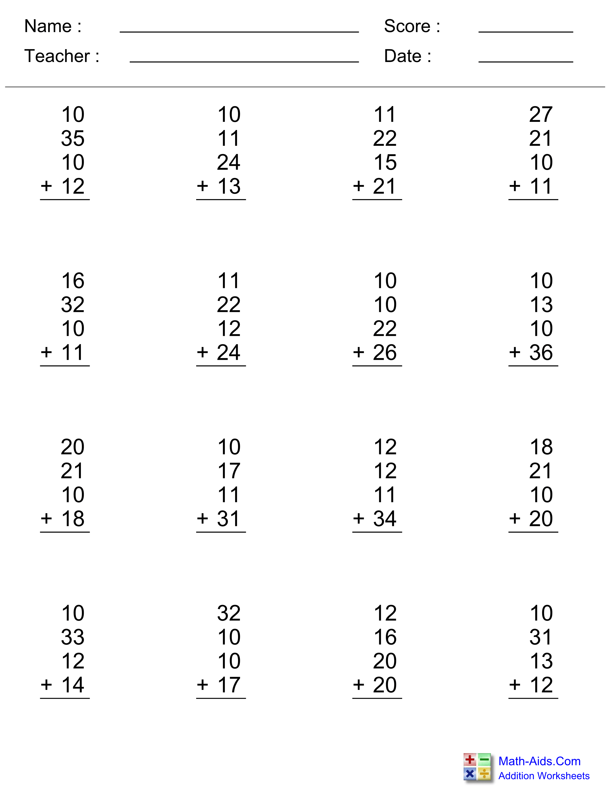 Multiple Digit Addition Worksheets