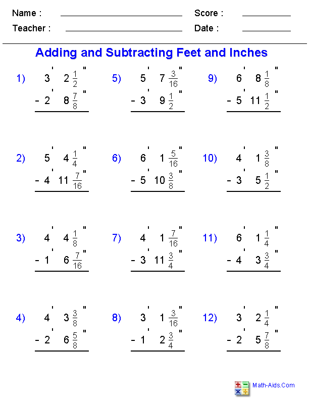 Adding and Subtracting Fractional Feet and Inches Borrowing Worksheets