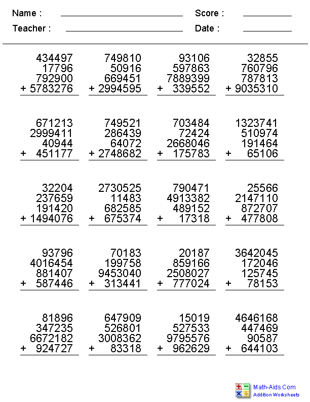 2, 3, or 4 Addends with 5, 6, or 7 Digits Addition Worksheets